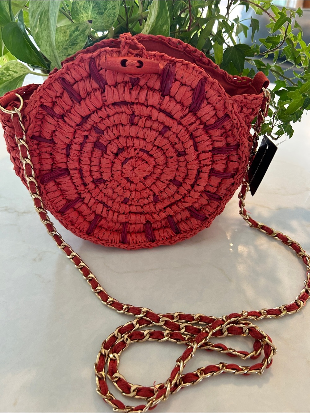 NWT INC International Concepts Straw Circle Crossbody Bag Red